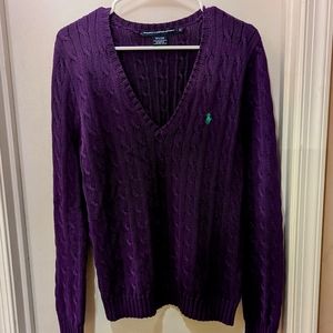 Ralph Lauren Sport Purple Cable V Neck Knit Sweater XL